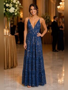 Dress the Population Blue Lace Maxi Gown with Gold Accents Size Small